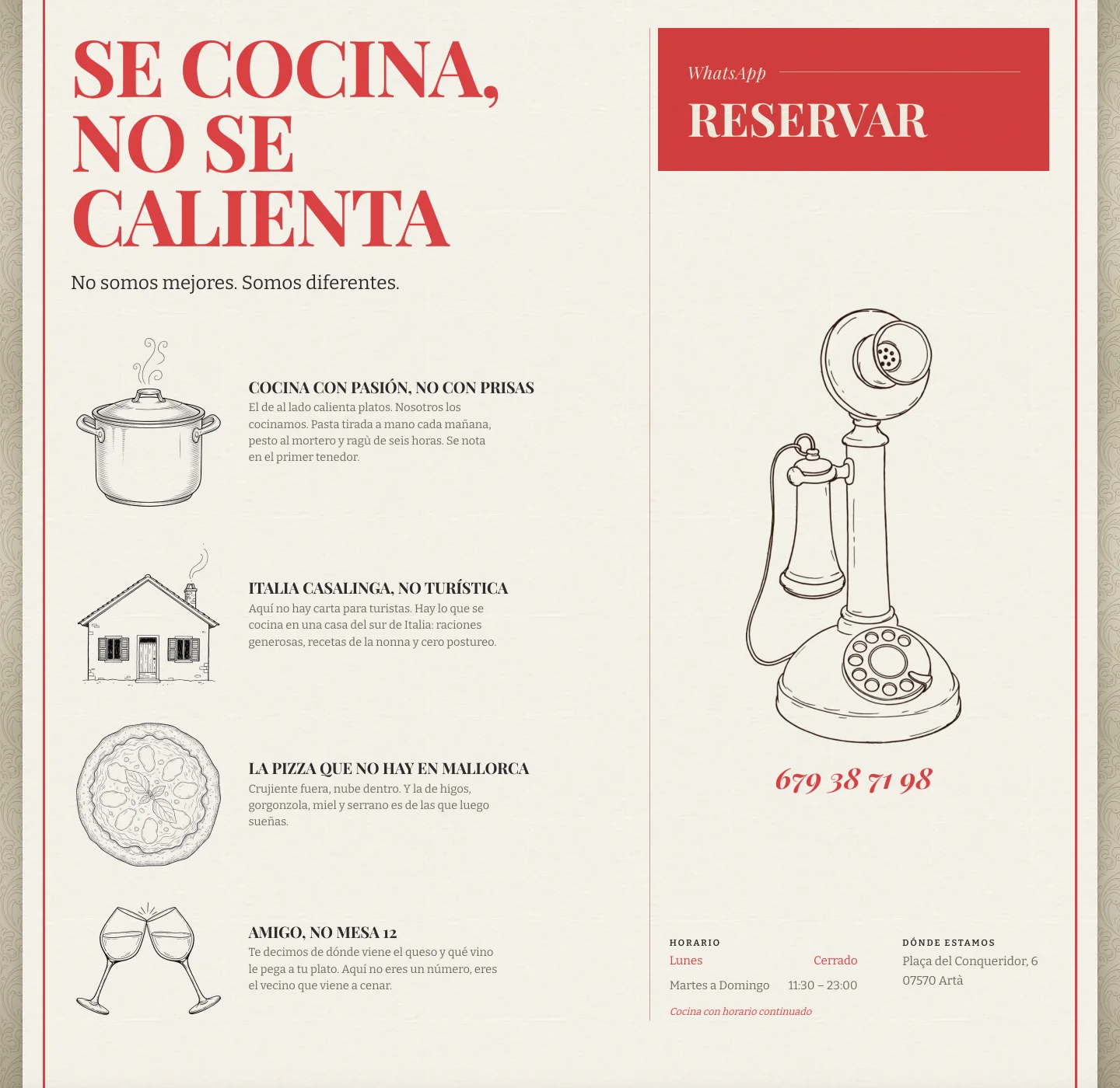 La sección «Se cocina, no se calienta», con los cuatro argumentos ilustrados y la reserva por WhatsApp al lado
