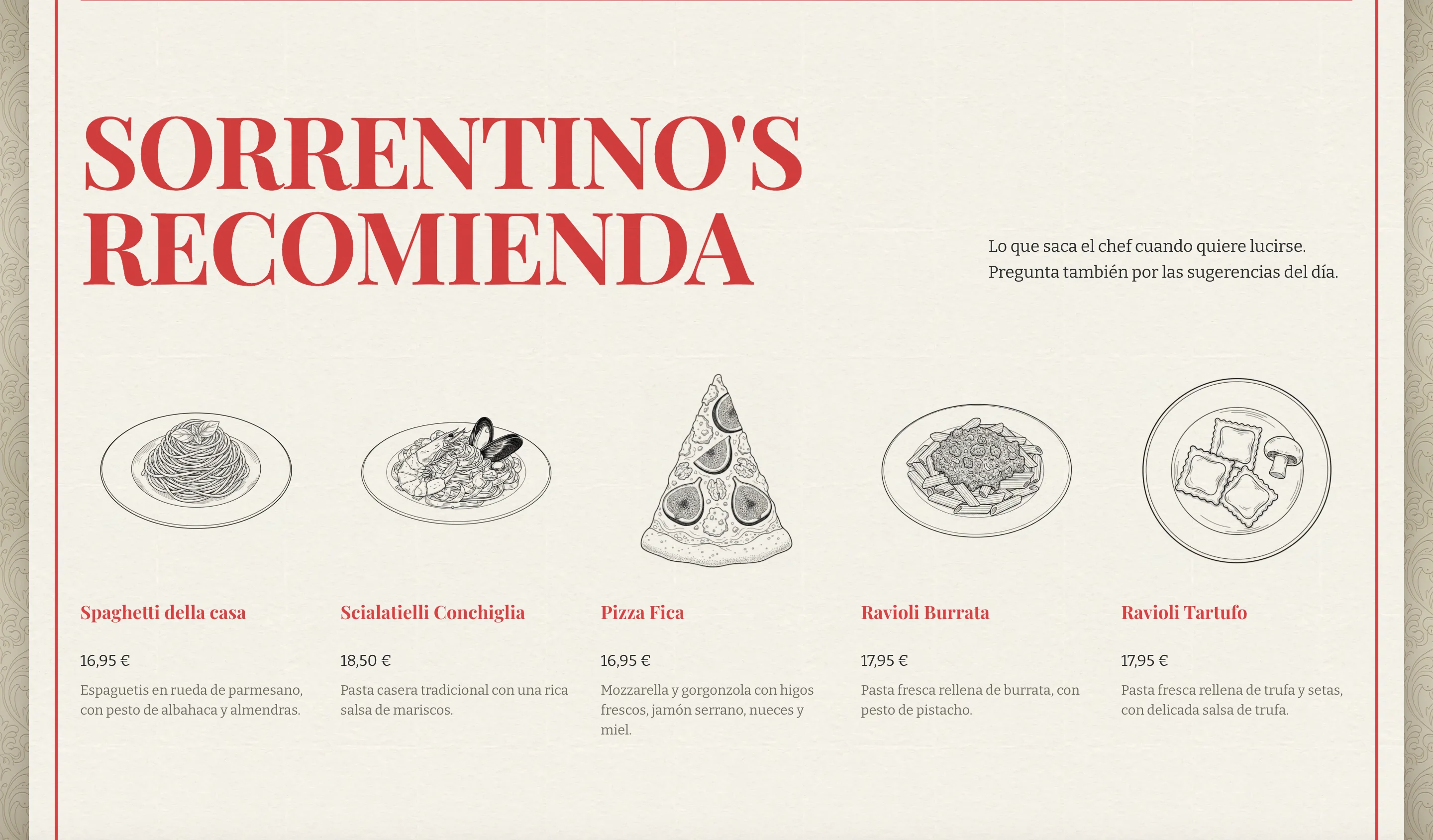 La versión en español de Sorrentino's: «Sorrentino's recomienda», con los platos dibujados y sus precios