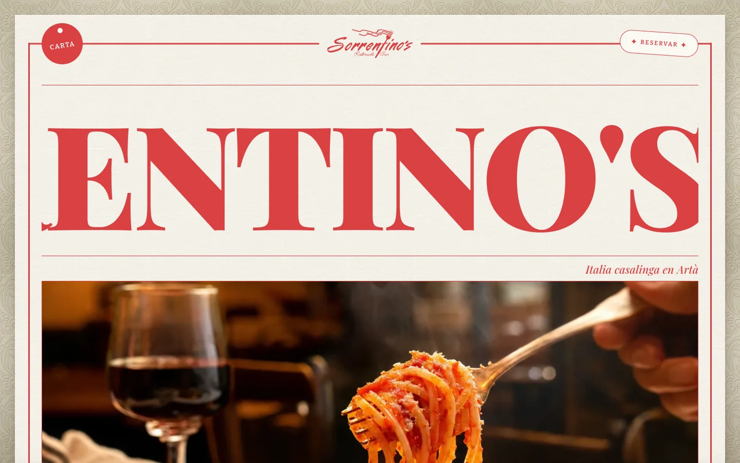 La portada de Sorrentino's: la cabecera con la carta y la reserva, el nombre a toda página en rojo y el plato de pasta debajo