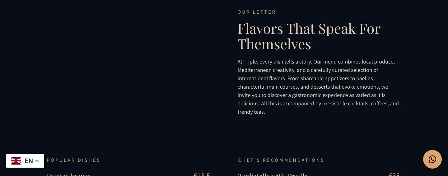 La carta en la web, con los platos populares y las recomendaciones del chef en dos columnas