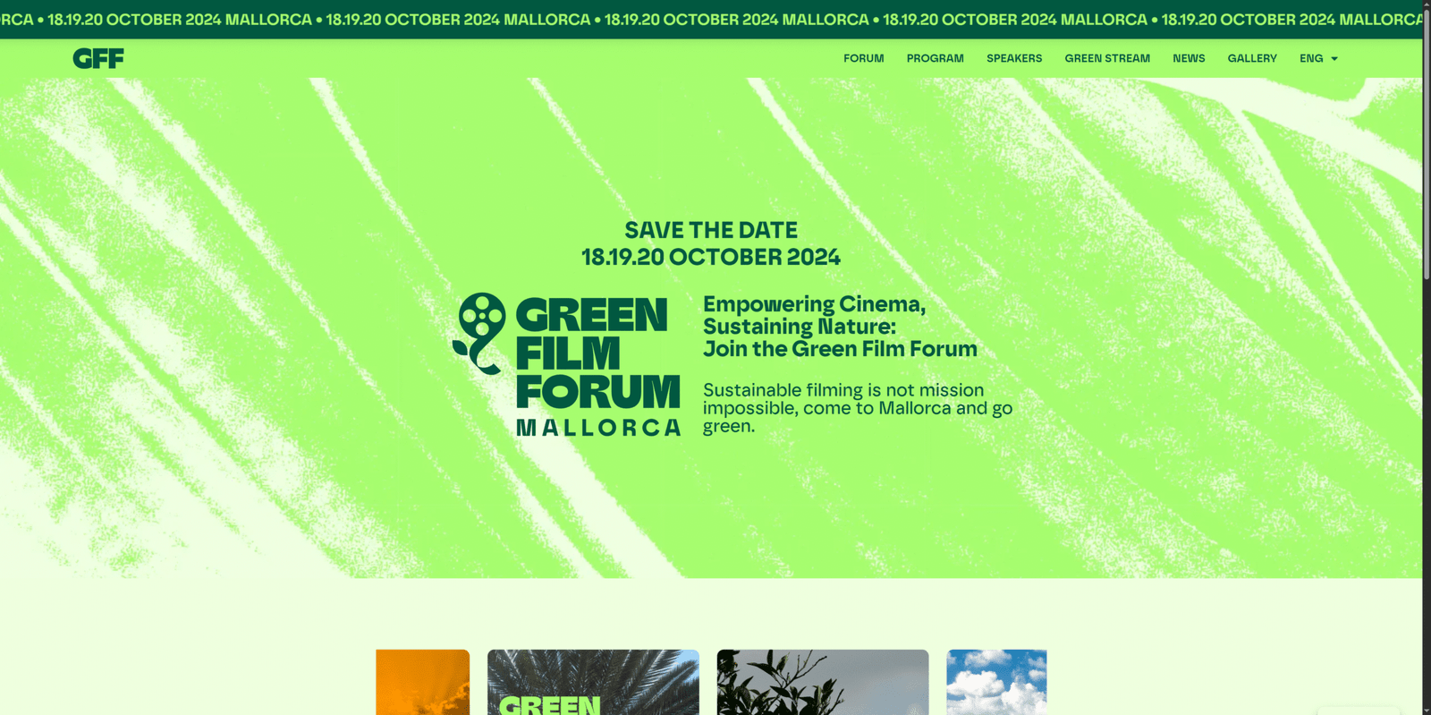 Cartel promocional del Green Film Forum 2024 en Mallorca, evento de cine sostenible.